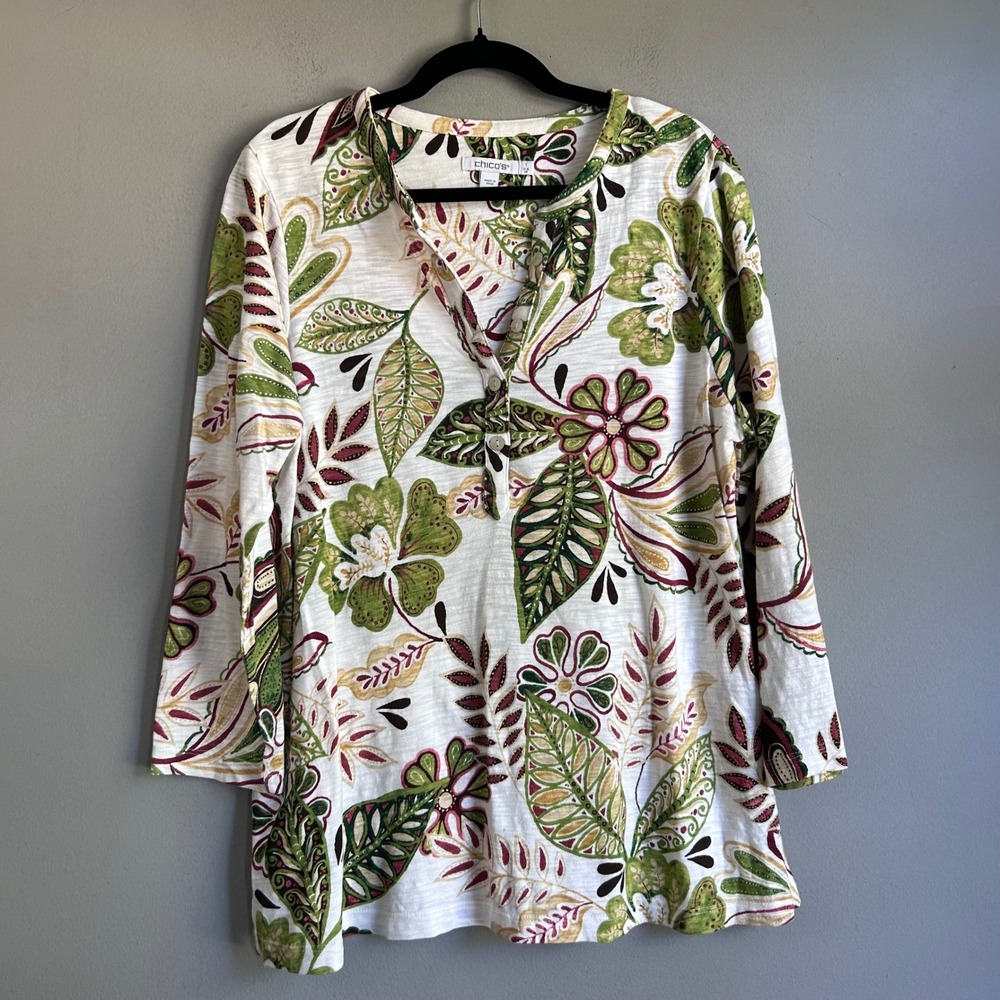 Chicos Floral Paisley Slub Knit Henley Tunic Top Green Burgundy Size 1 M